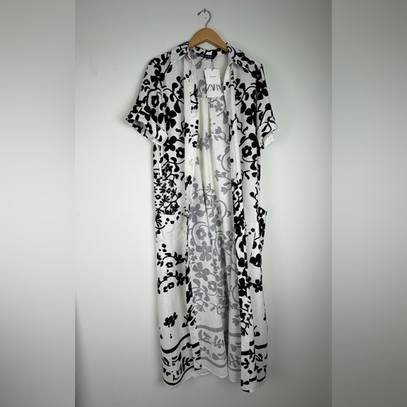 Linen Blend Zara Shirt Dress Minimalist Black White Print Button Down Pockets XL - Picture 9 of 16